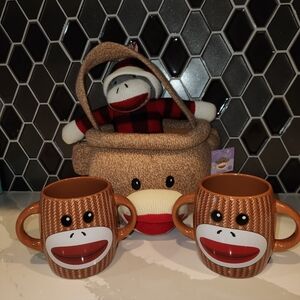 Sock monkey plush and 2 cups and basket